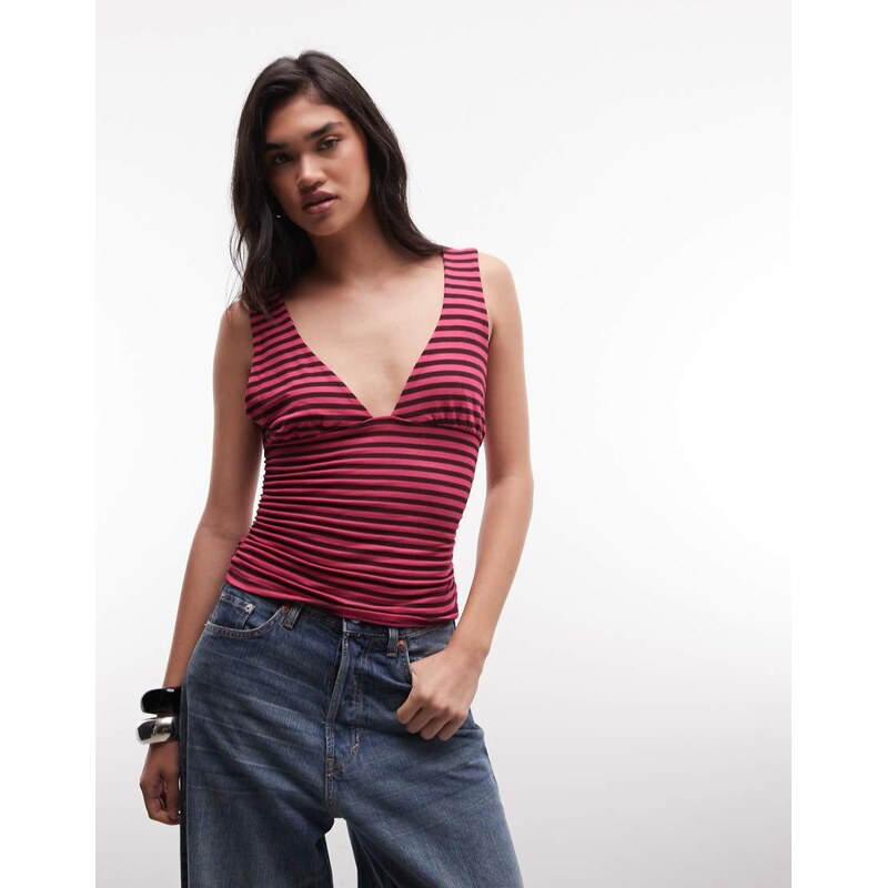 COLLUSION plunge halter in pink + grey stripe