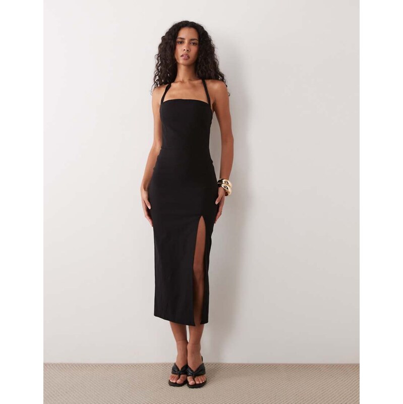 Vesper bengaline halterneck thigh split midi dress in black