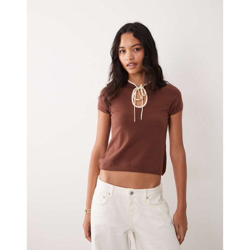 ASOS DESIGN tie front collared top in chocolate with white