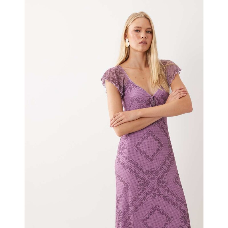 Miss Selfridge frill sleeve midaxi dress in purple tapestry