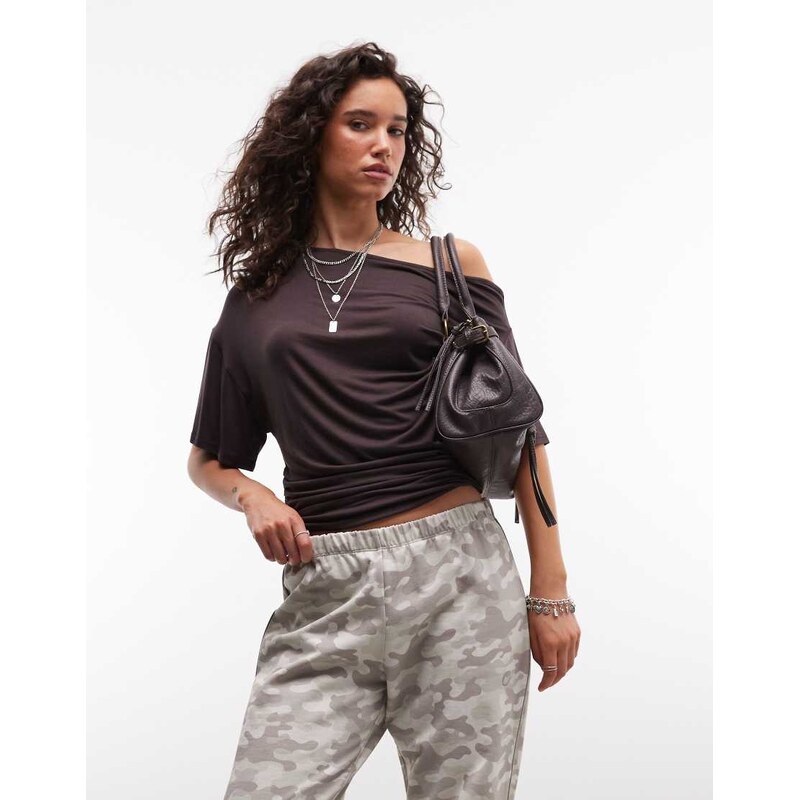 COLLUSION off shoulder drapey top in chocolate-Brown