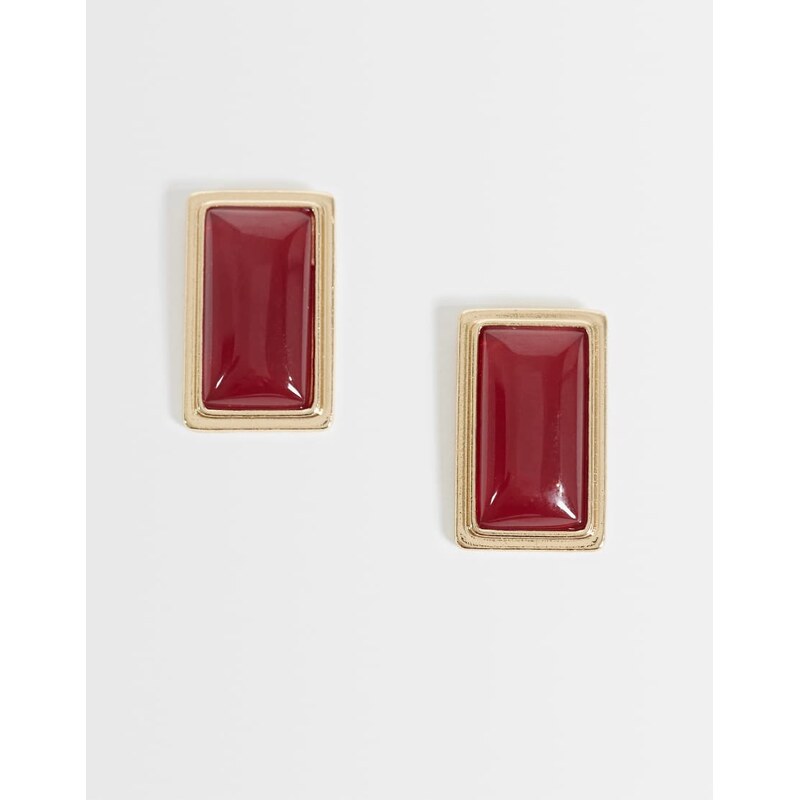 ASOS DESIGN rectangular stud earrings with burgundy stone
