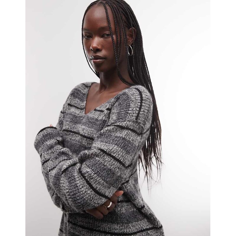 Weekday v neck oversized jumper in grey stripe