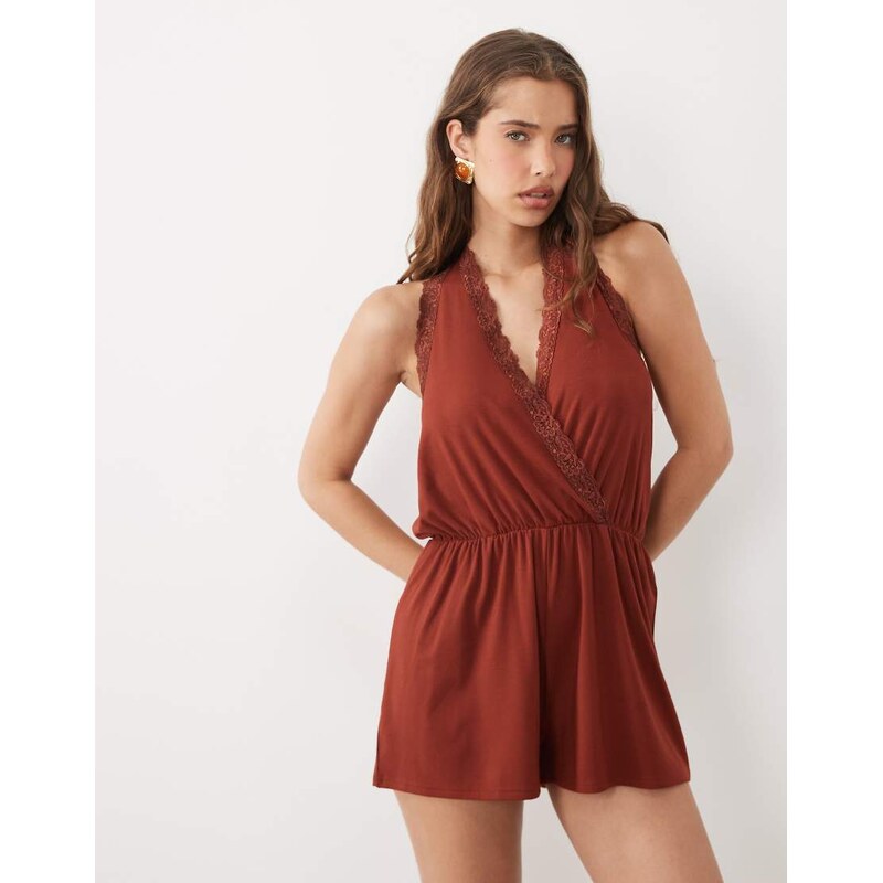 Miss Selfridge wrap playsuit with scallop lace trim in rust red