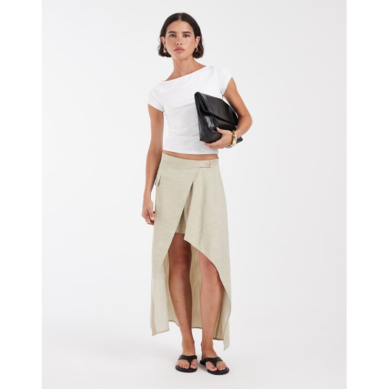 ASOS DESIGN linen blend tailored asym skirt in sage-Green