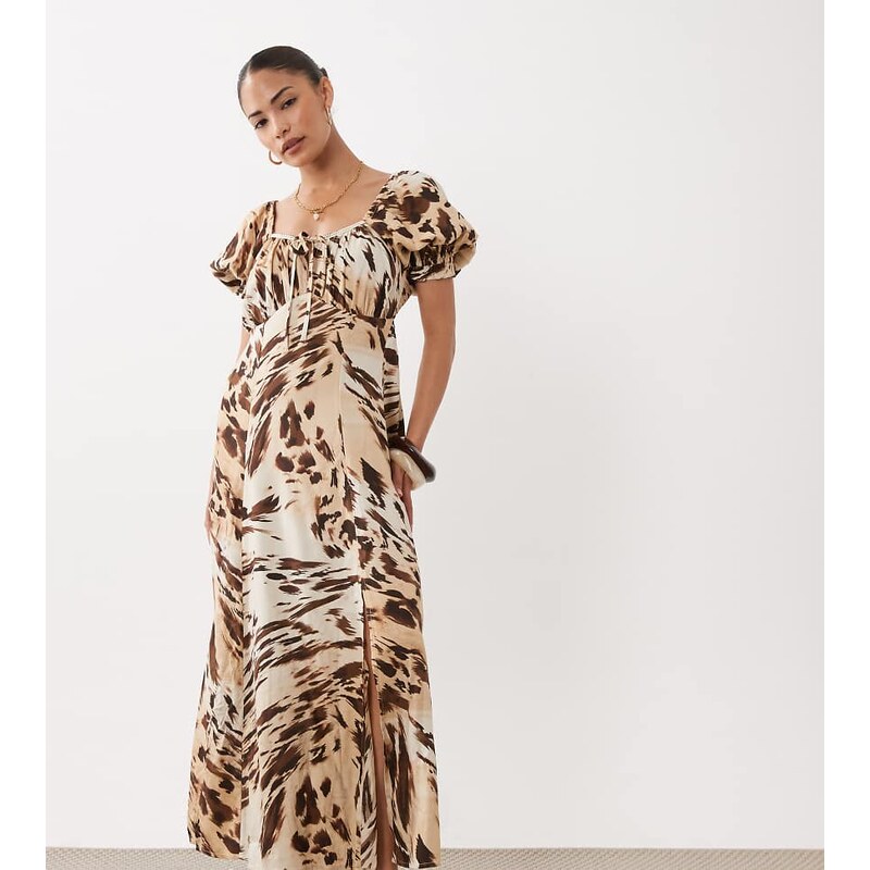 Miss Selfridge Petite spun puff sleeve maxi dress in animal