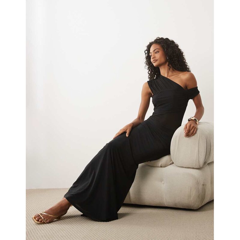 ASOS DESIGN fallen shoulder mesh sheer panelled maxi dress in