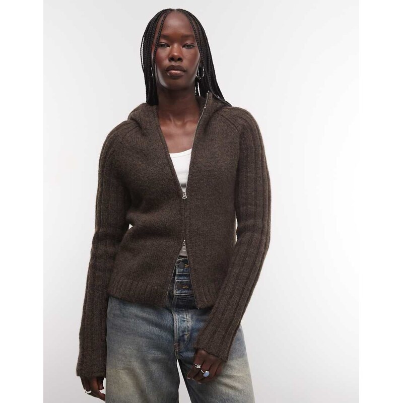Weekday wool blend zip cardigan with hood in dark brown melange