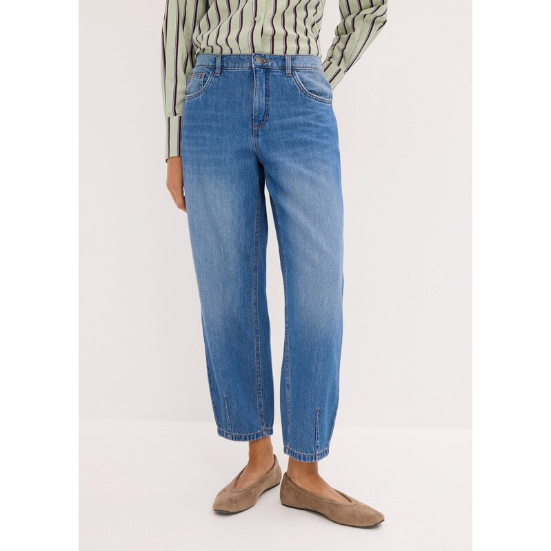 bonprix Džíny Barrel, Mid Waist, zkrácené modrá Žena