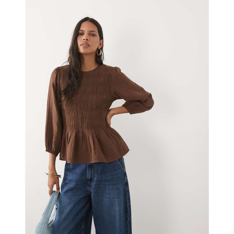 New Look shirred peplum detail top in dark brown