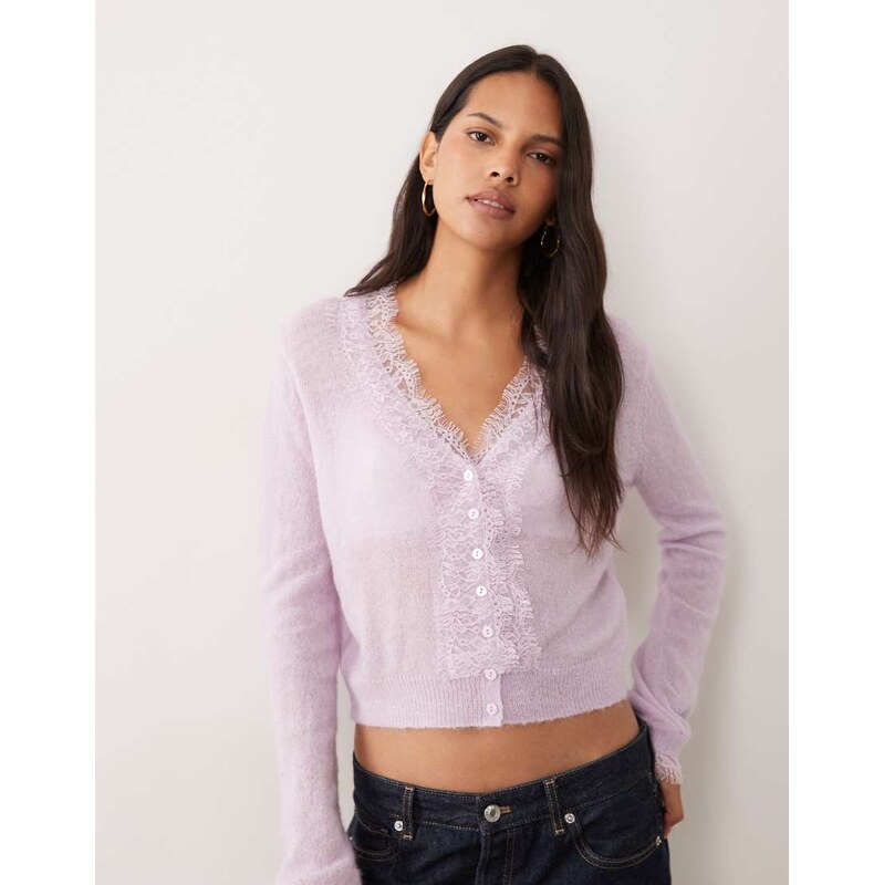 Miss Selfridge wool and mohair lace trim fine gauge cardigan in