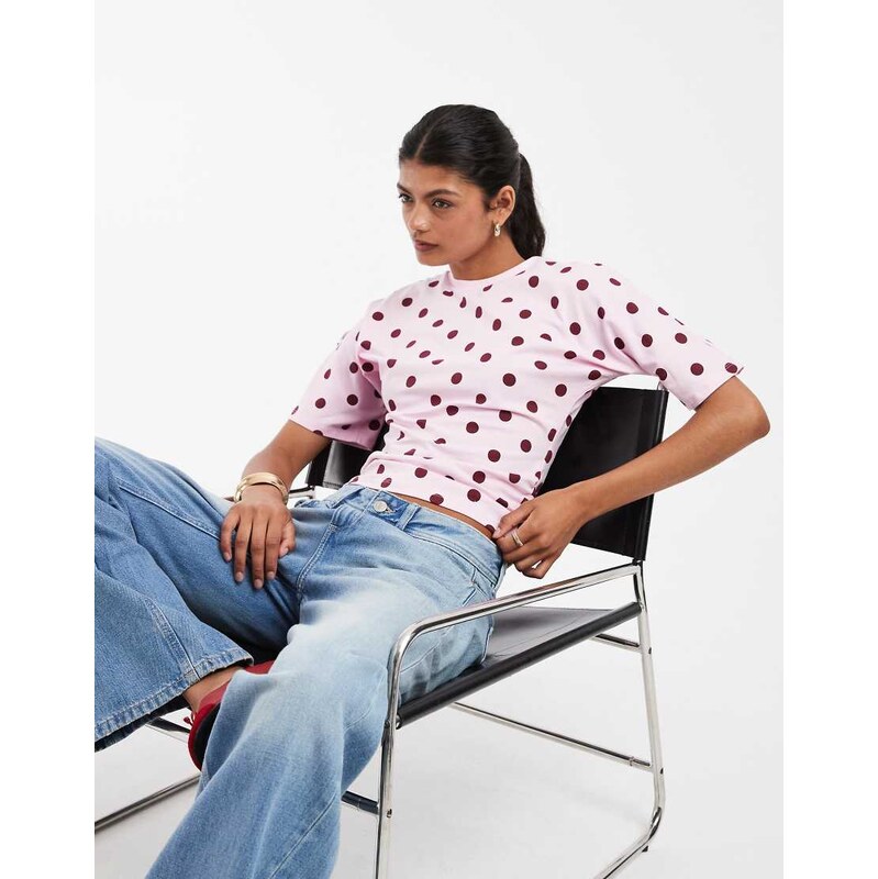 Pieces ruched waist polka dot jersey top in pink and burgundy