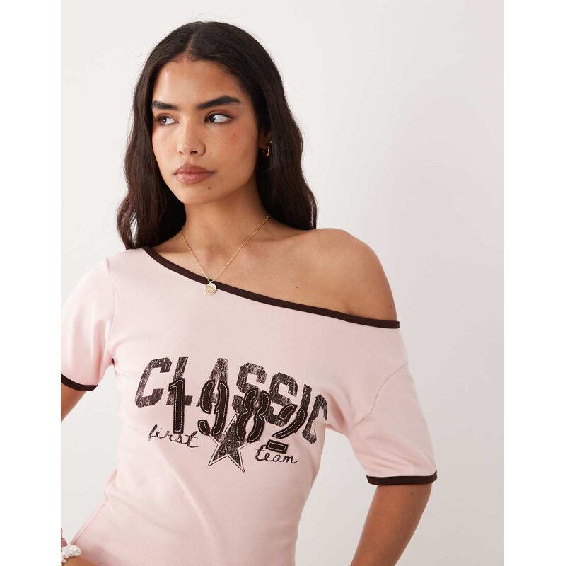 Cotton On Off shoulder graphic tee in pink brown