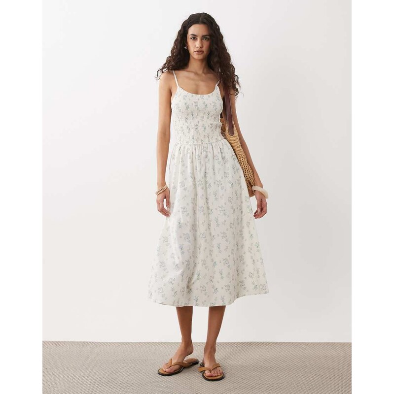 Cotton On Remy shirred midi dress in jenna ditsy creme fraiche