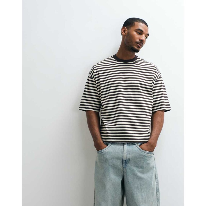 Cotton On cropped fit t-shirt in oat brown stripe-Multi