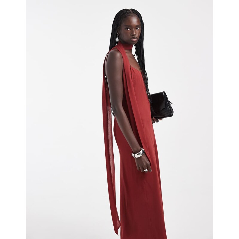 ASOS DESIGN slip midi dress with scarf in chocolate-Multi