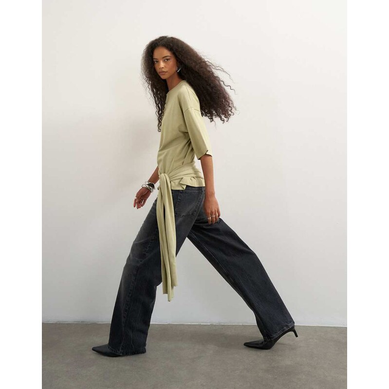 Topshop wrap waist tie detail top in khaki-Green