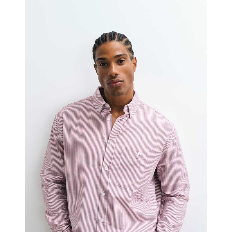 ASOS DESIGN relaxed oxford stripe shirt in burgundy-Red