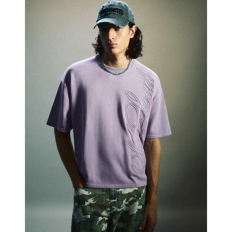 Bershka Short sleeve washed effect embroidered t-shirt in purple