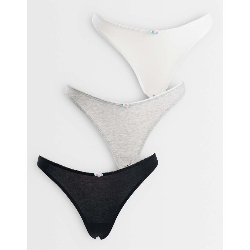 Cotton On 3 pack rosette thong in black grey and white-Multi
