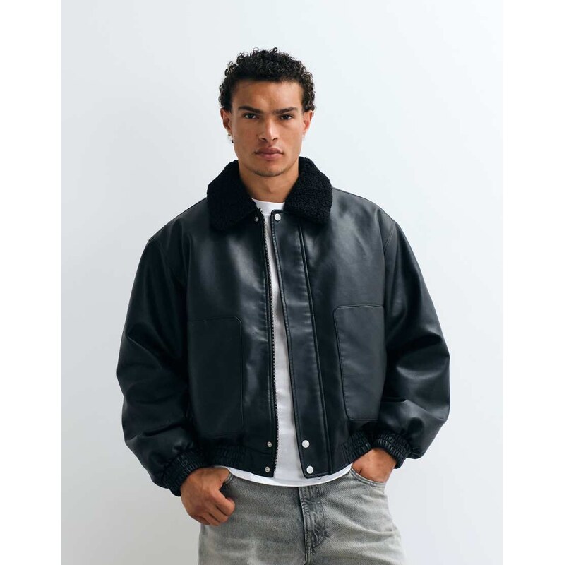 ASOS DESIGN faux leather flight jacket in black