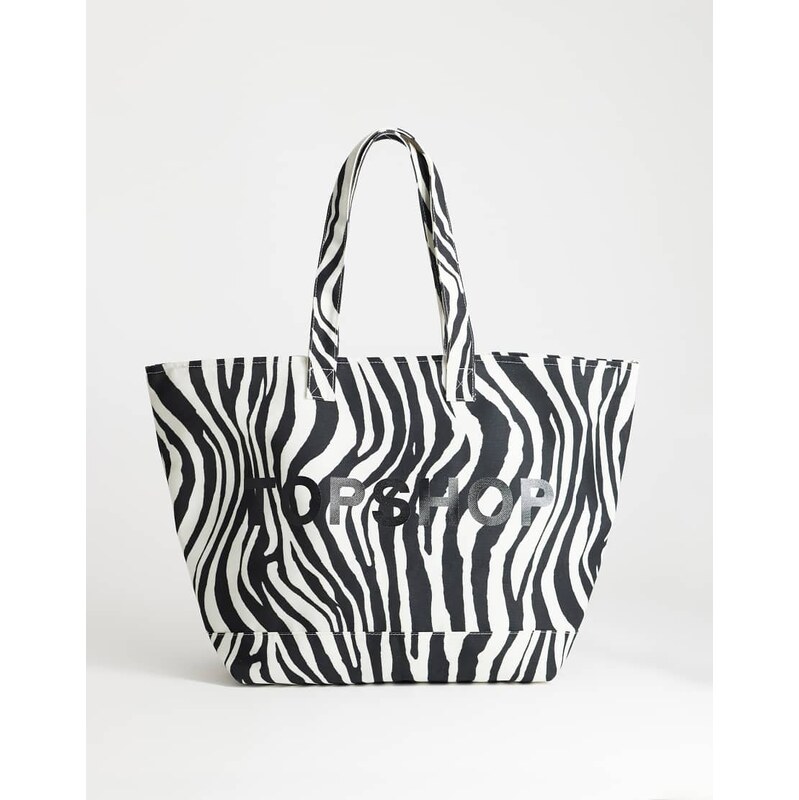 Topshop large canvas tote bag in zebra print-Neutral