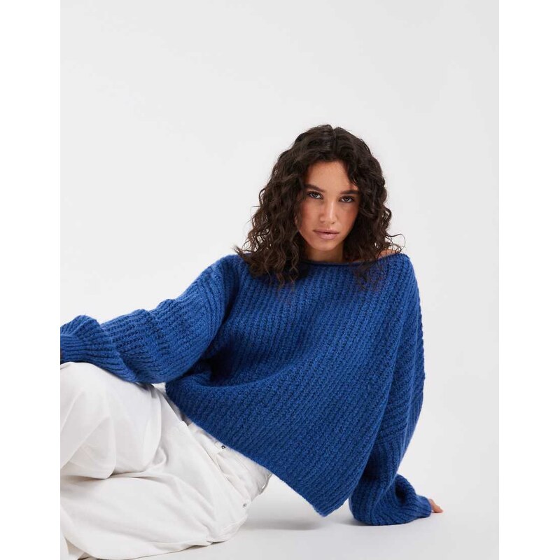 ASOS DESIGN knitted slouchy off shoulder jumper in cobalt blue