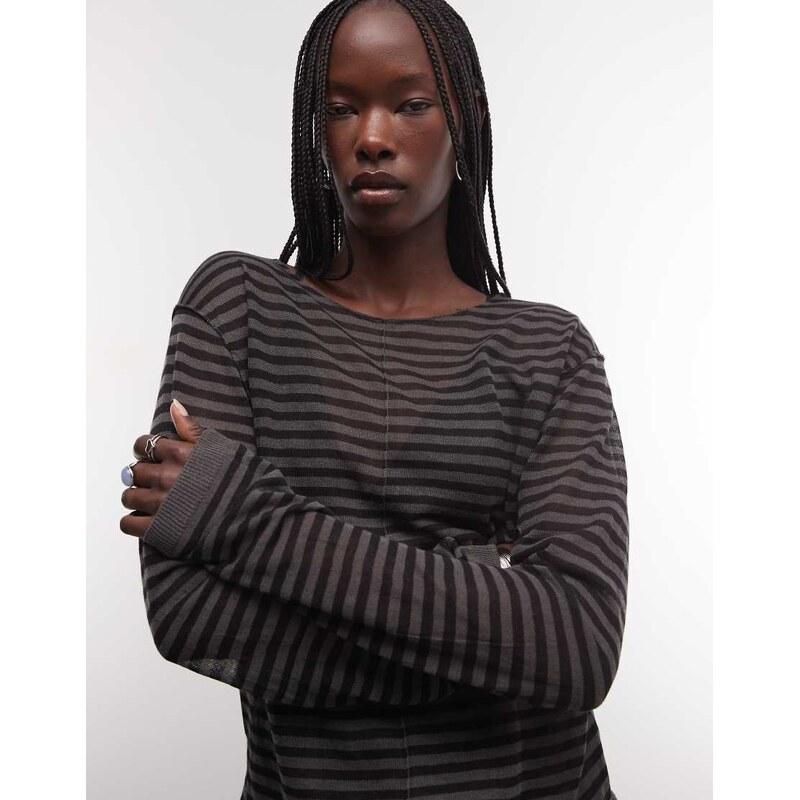 Weekday slash neck sheer knit top with front seam detail in grey
