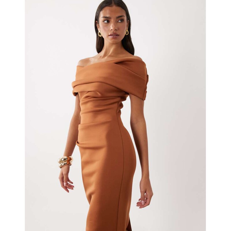 ASOS DESIGN bardot midi dress with split in brown scuba-style