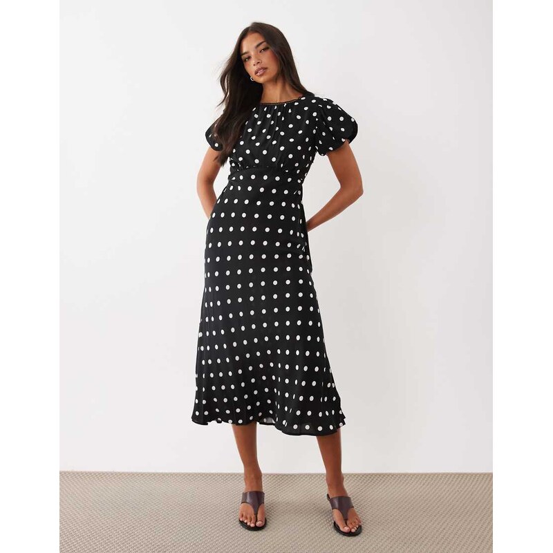 Nobodys Child Sicily puff sleeve bias midi dress in black polka