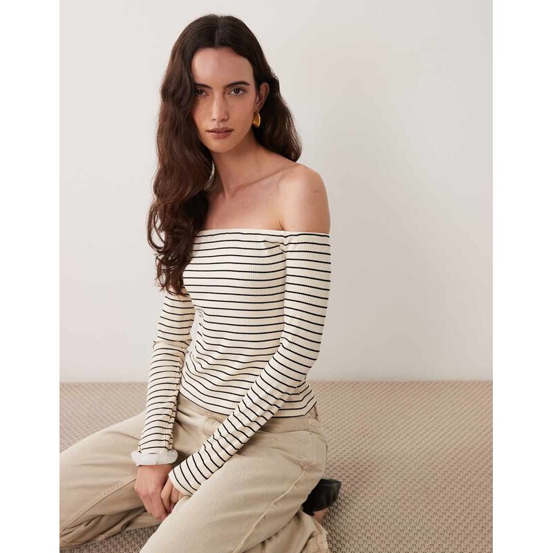 ASOS DESIGN Off the shoulder long sleeve top with black and ecru
