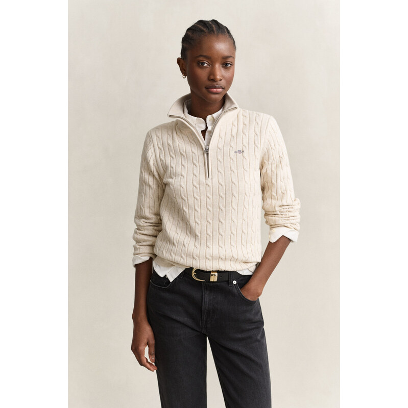 SVETR GANT STRETCH COTTON CABLE HALF-ZIP FADED BEIGE