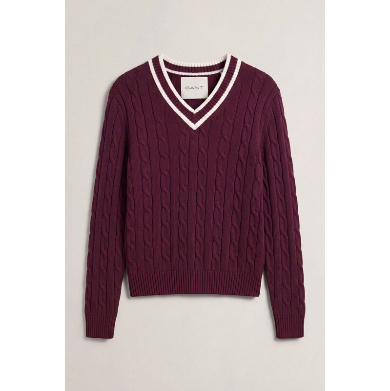 SVETR GANT MERINO WOOL CABLE CONTRAST V-NECK DARKENED WINE
