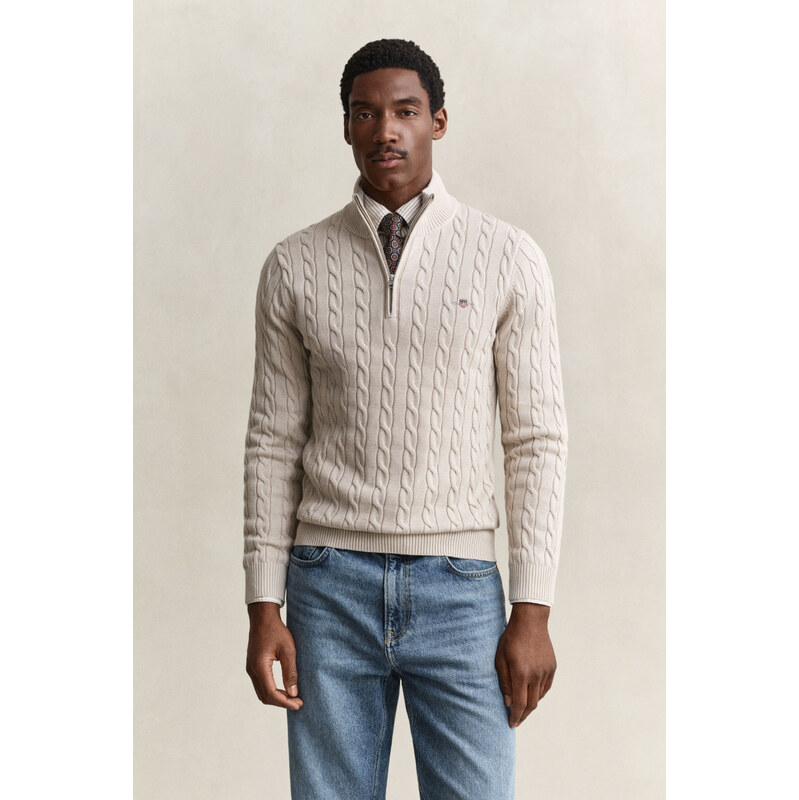 SVETR GANT COTTON CABLE HALF ZIP CLAY BEIGE