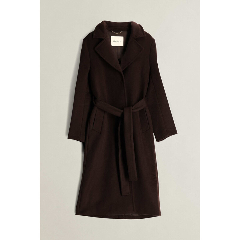KABÁT GANT BELTED WOOL BLEND COAT DEEP BROWN