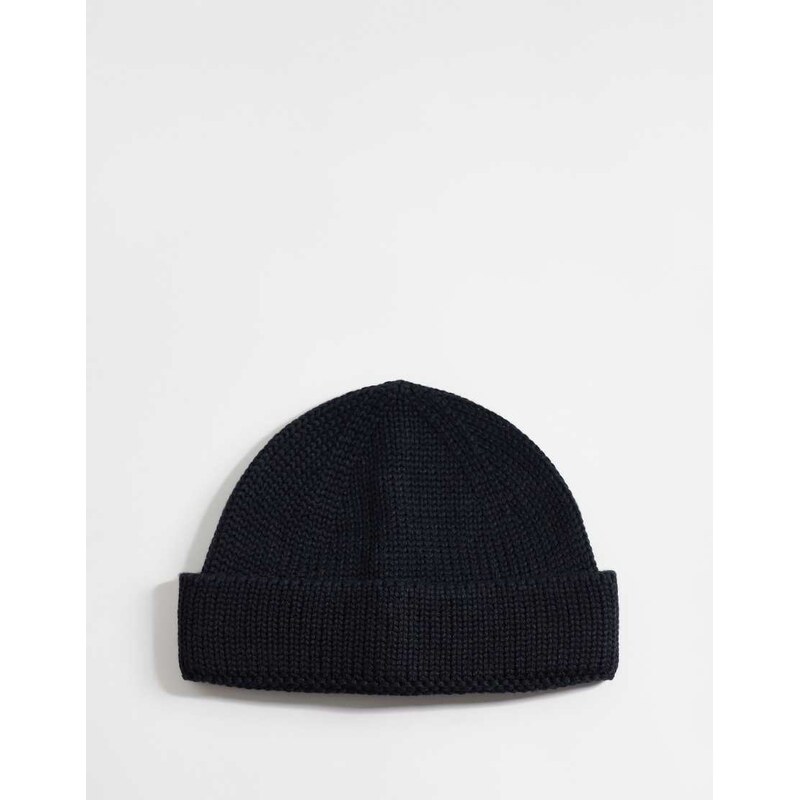ASOS DESIGN knitted rib mini fisherman beanie in black