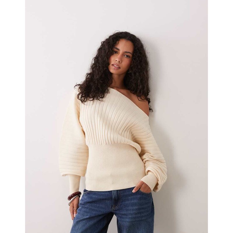 ASOS DESIGN wide ribbed off the shoulder cinched waist jumper in