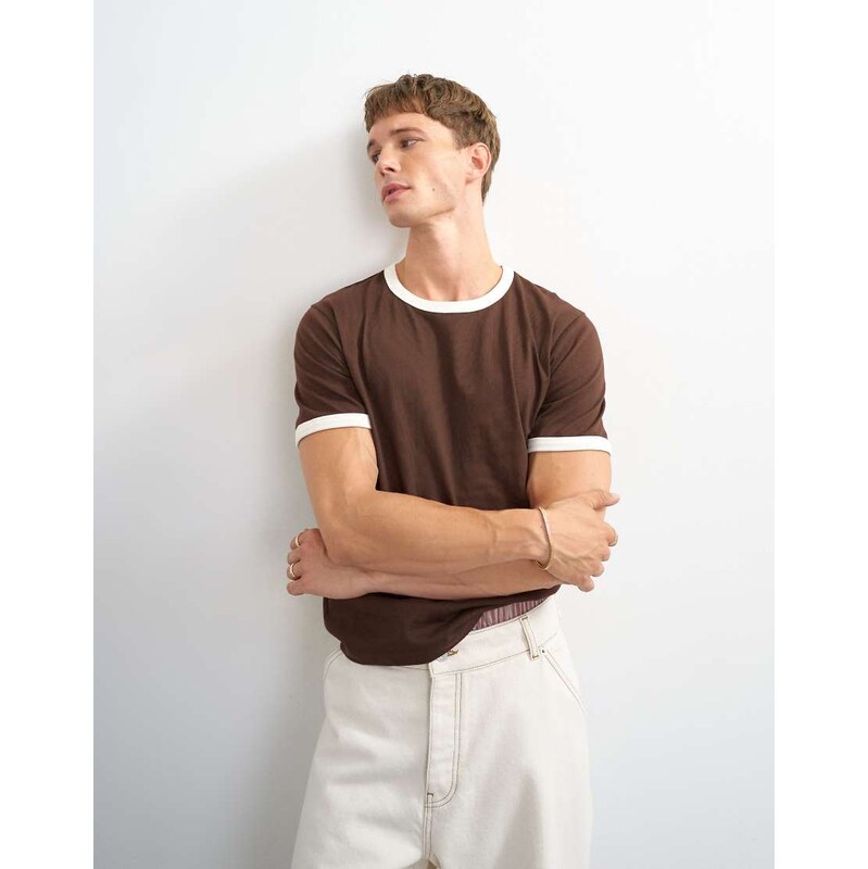Topman classic fit crop ringer t-shirt in brown