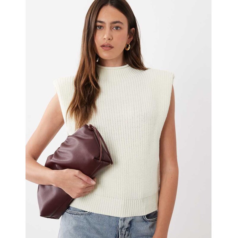 ASOS DESIGN knitted exaggerated shoulder top in cream-White
