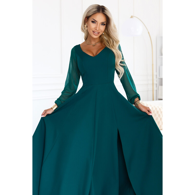 LORETTA – dlouhé šaty s rukávy a výstřihem – zelené model