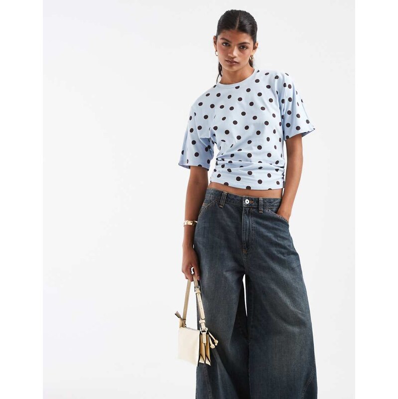 Pieces ruched waist polka dot jersey top in blue and brown