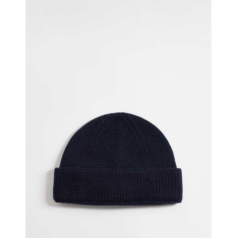 ASOS DESIGN knitted rib mini fisherman beanie in navy