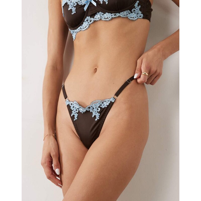 Kat The Label Jean thong with blue lace trim in espresso-Brown