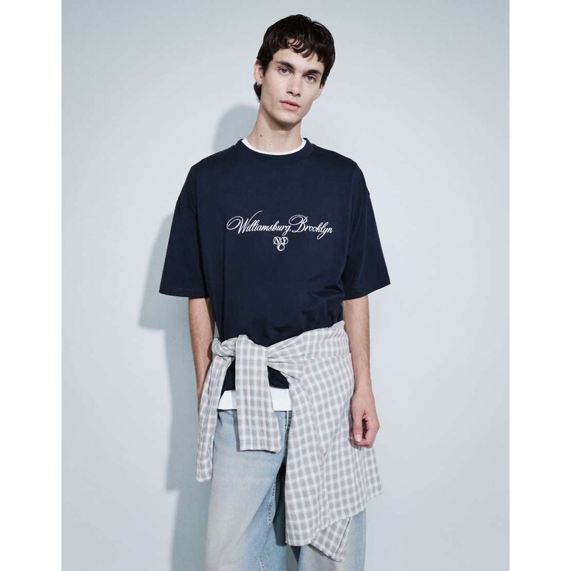 ASOS DESIGN oversized t-shirt with text embroidery in navy