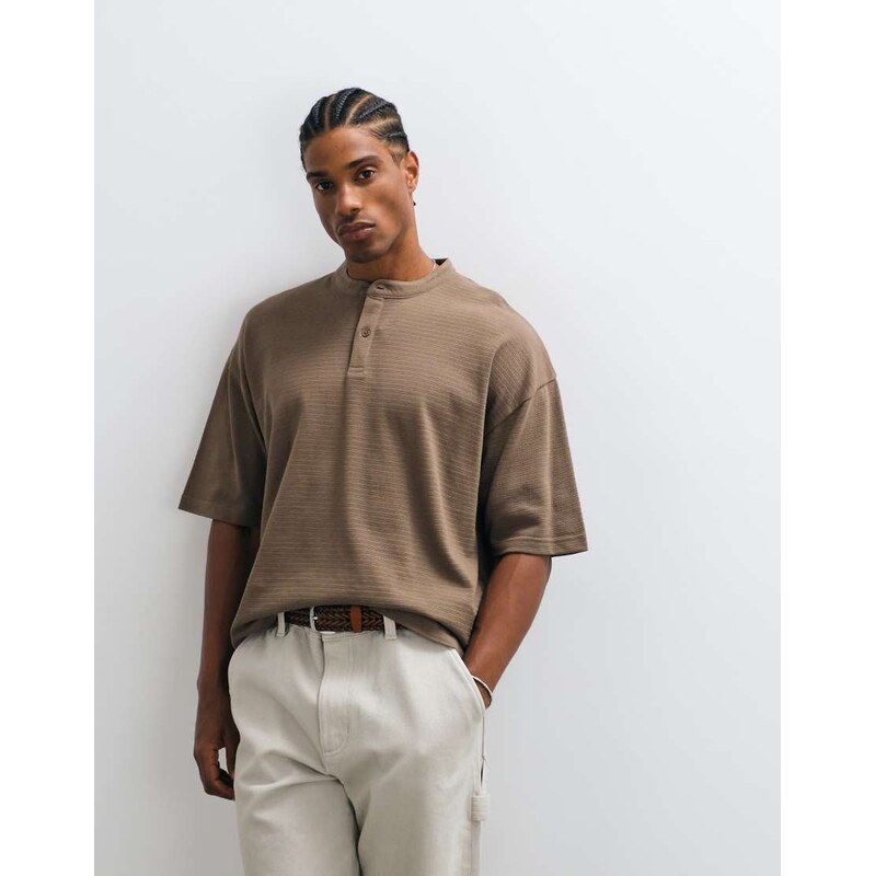 ASOS DESIGN boxy oversized t-shirt with henley neck in brown