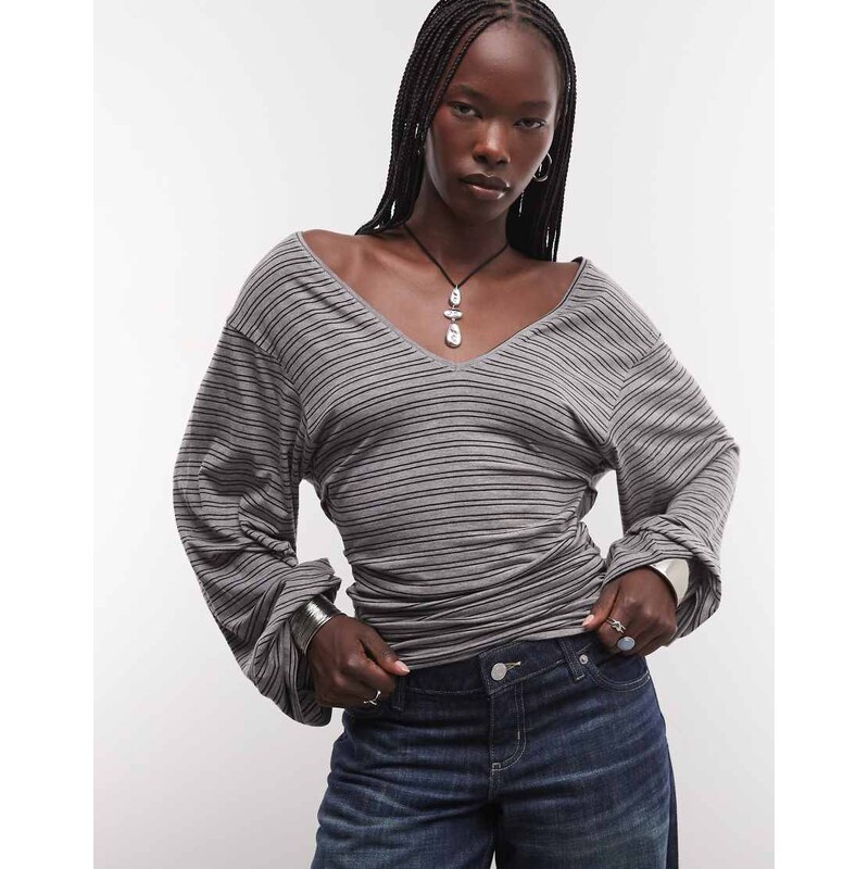 Weekday drape plunge long sleeve top with cinched waist in black