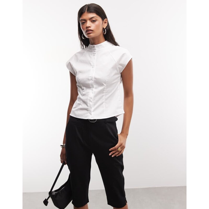 Reclaimed Vintage funnel neck fitted poplin shirt-White