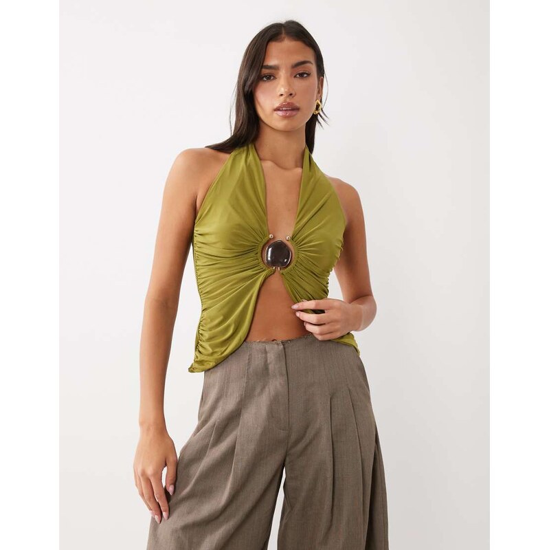 ASOS DESIGN plunge top with hardware detail in green