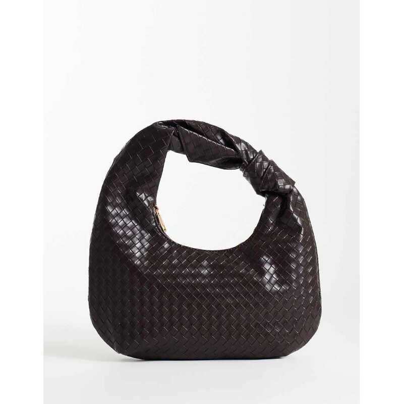 Glamorous woven knot shoulder bag in dark brown