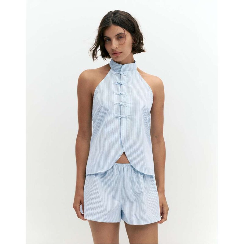 Pull&Bear Striped halter top with toggles in mid blue